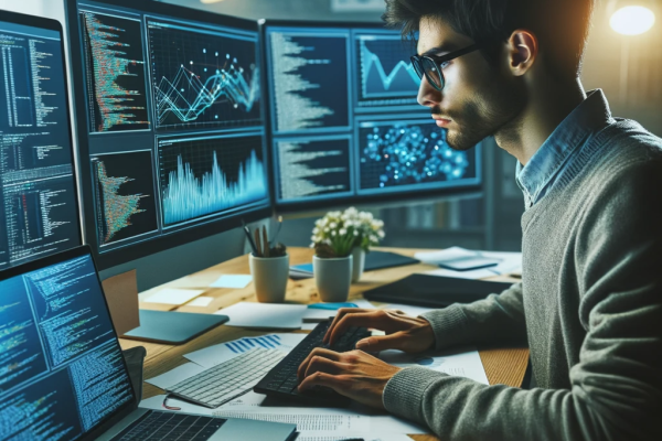 DALL·E 2023-10-26 18.26.25 - Photo of a data scientist working intently at a desk filled with multiple computer monitors displaying graphs and code. Papers and notebooks are scatt