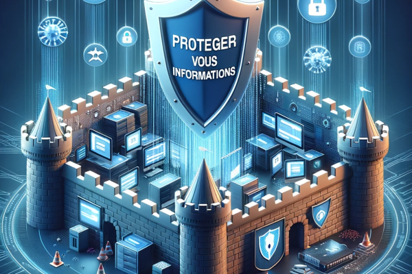 DALL·E 2023-10-27 20.24.47 - Illustration of a digital fortress surrounding sensitive data. The fortress walls repel cyber threats like viruses, hackers, and malware. Above the fo