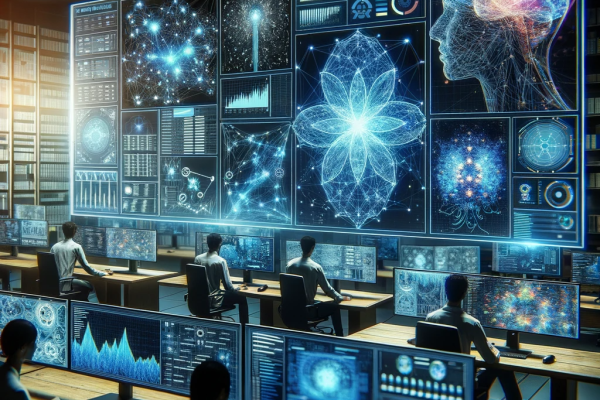 DALL·E 2023-10-27 20.44.22 - Photo of a high-tech lab where researchers work on AI-driven projects. Screens display complex algorithms, neural networks, and analytics dashboards.