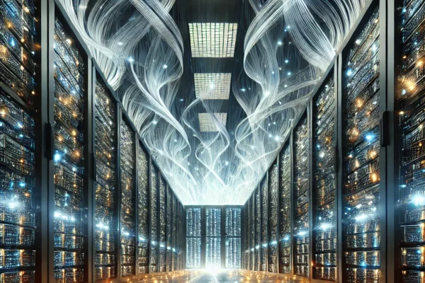 DALL·E 2024-08-13 08.18.17 - A high-tech data center filled with enormous servers and data racks. Streams of data are visually represented as glowing lights traveling through cabl